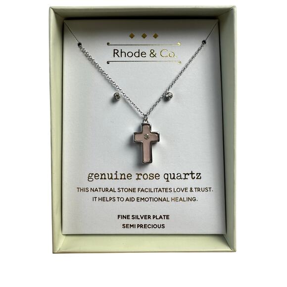 Rhode & Co. Rose Quartz Cross Necklace w/ Rhinestone Earrings. - Picture 1 of 4
